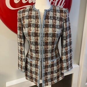 Brooks Brothers Chanel-style boucle jacket in cream, brown, gold, lt blue, sz 0